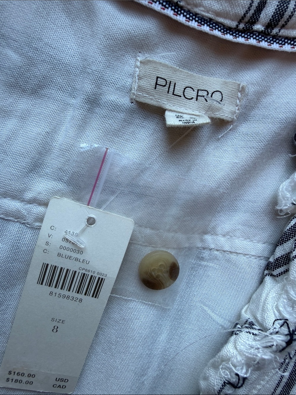 Pilcro White dress with Navy Trim and Brown Button